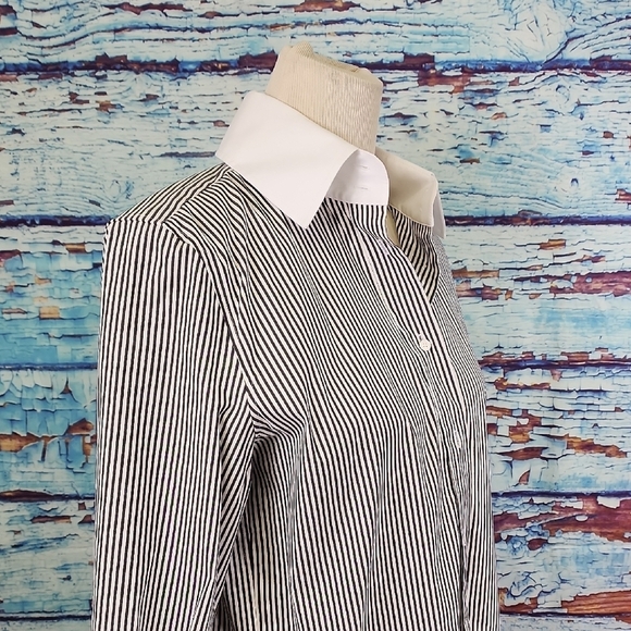 Lafayette 148 New York Black and White Striped Dress Shirt - Picture 2 of 6